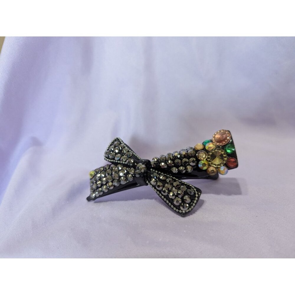 Rhinestone Bow Hair Clip With Multicolored Gemstones & Black Crystal Accents